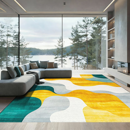 Teal Yellow Gray Wavy Organic Rug