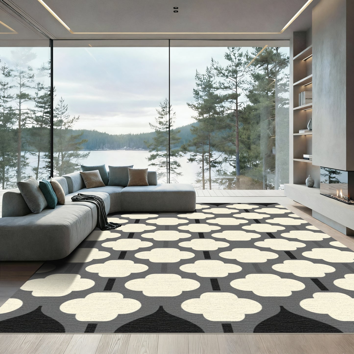 Cream and Gray Quatrefoil Lattice Rug