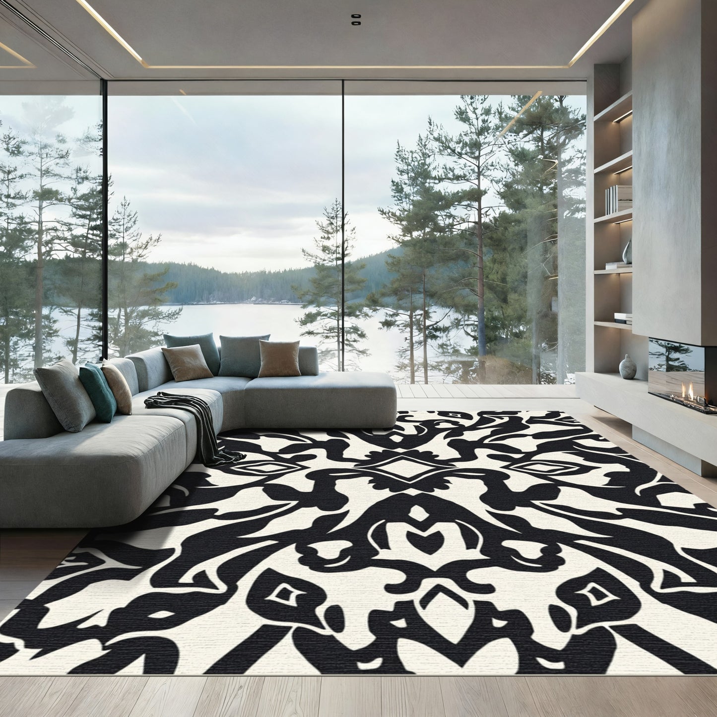 Bold Black and Cream Damask Rug