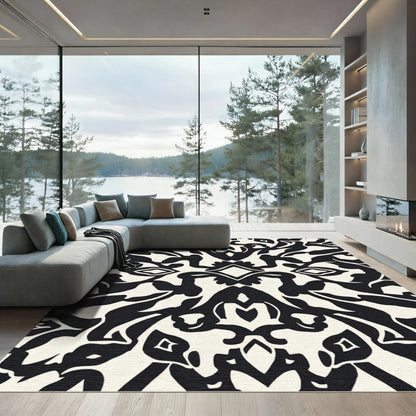 Bold Black and Cream Damask Rug