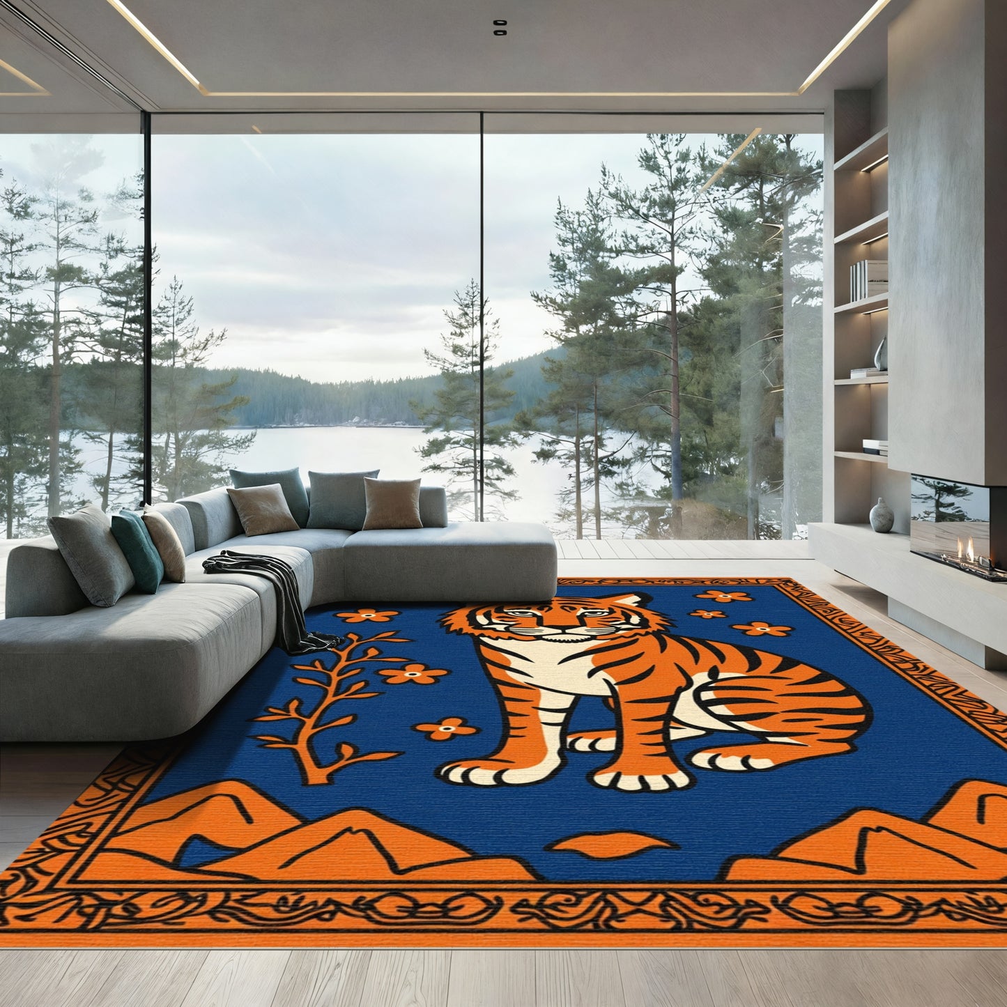 Vibrant Orange Tiger Floral Landscape Rug