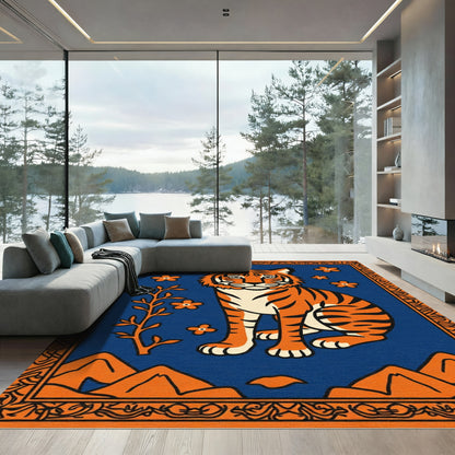 Vibrant Orange Tiger Floral Landscape Rug