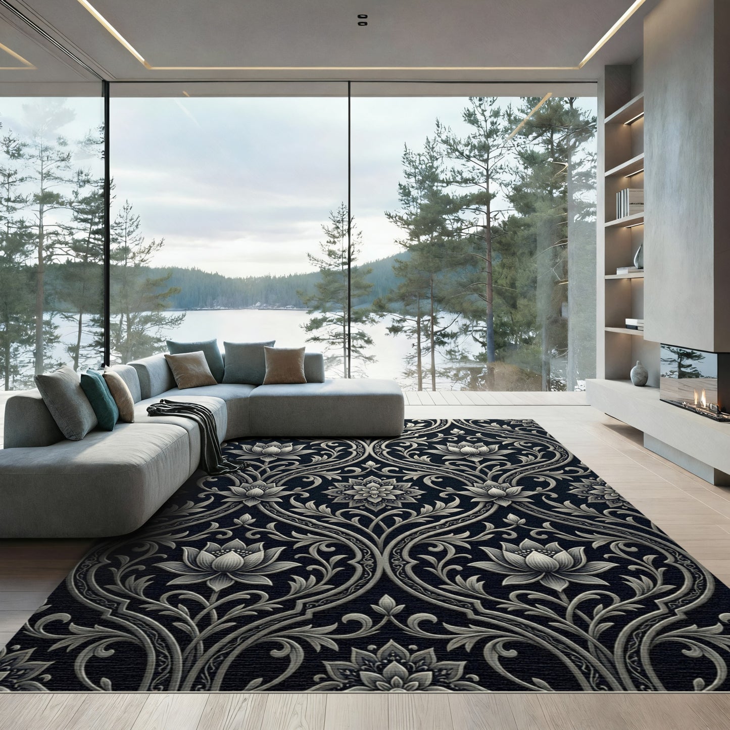 Ornate Black Lotus Scrollwork Rug