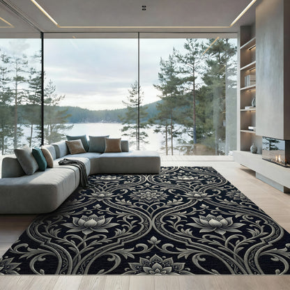 Ornate Black Lotus Scrollwork Rug