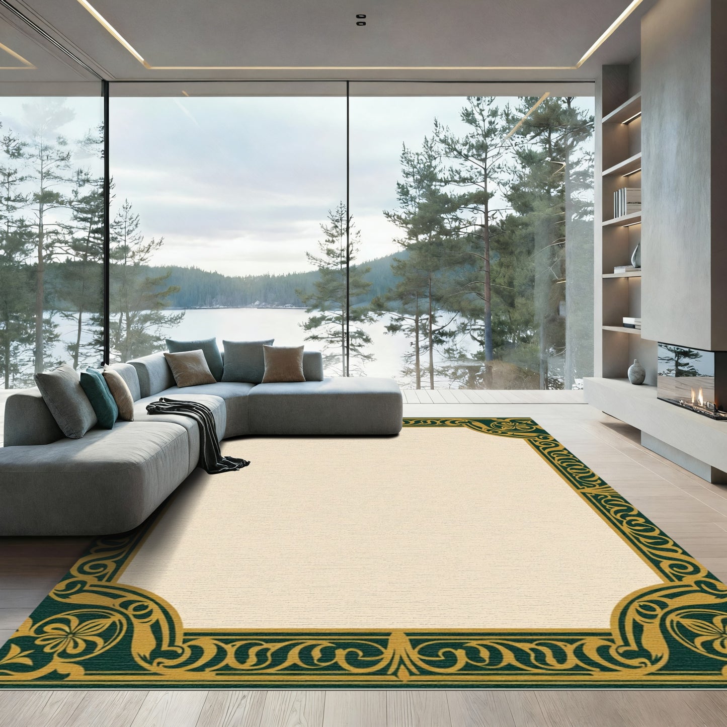 Dark Emerald Gold Floral Scroll Border Rug