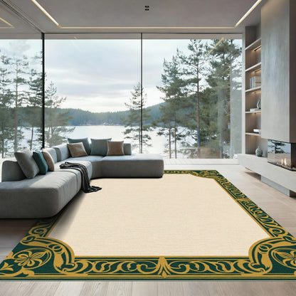 Dark Emerald Gold Floral Scroll Border Rug