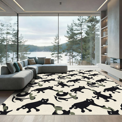 Whimsical Black Cat Camouflage Cream Rug