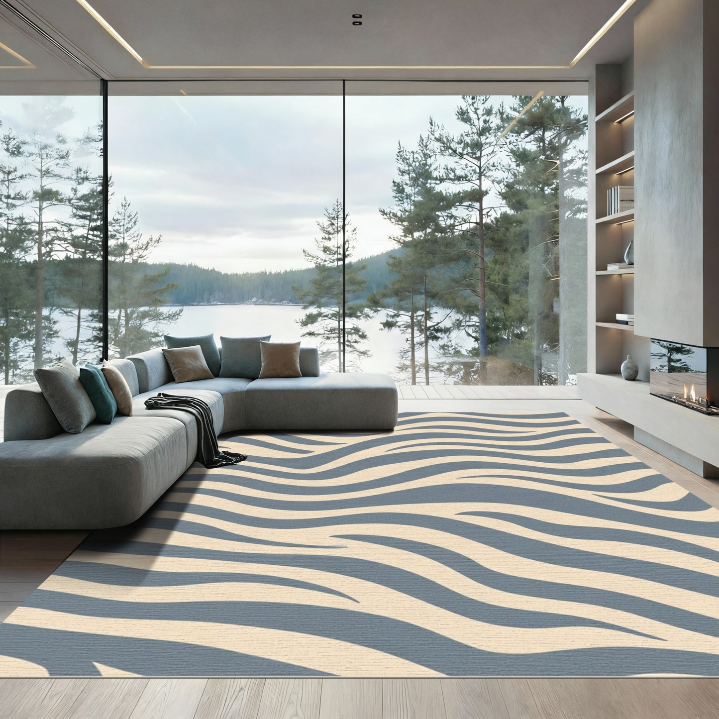 Beige Blue Abstract Zebra Waves Rug
