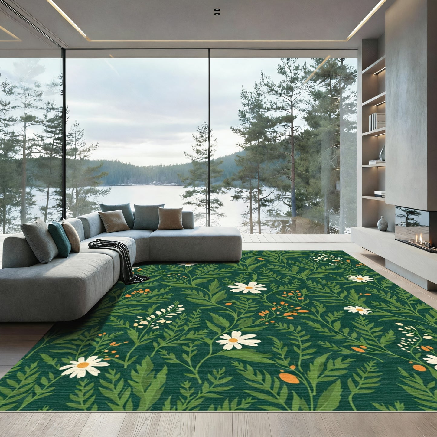 Emerald Green Vintage Floral Garden Rug