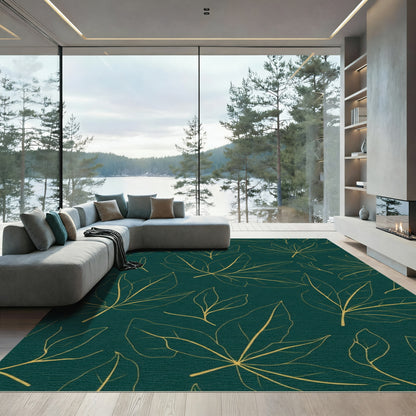 Golden Outline Leaves Emerald Background Rug