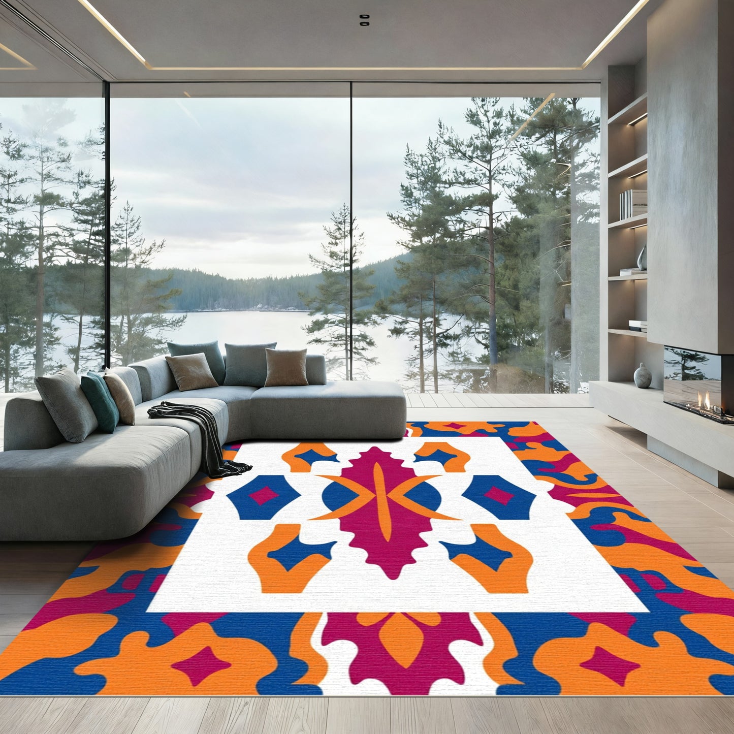 Vibrant Magenta Orange Blue Geometric Medallion Rug