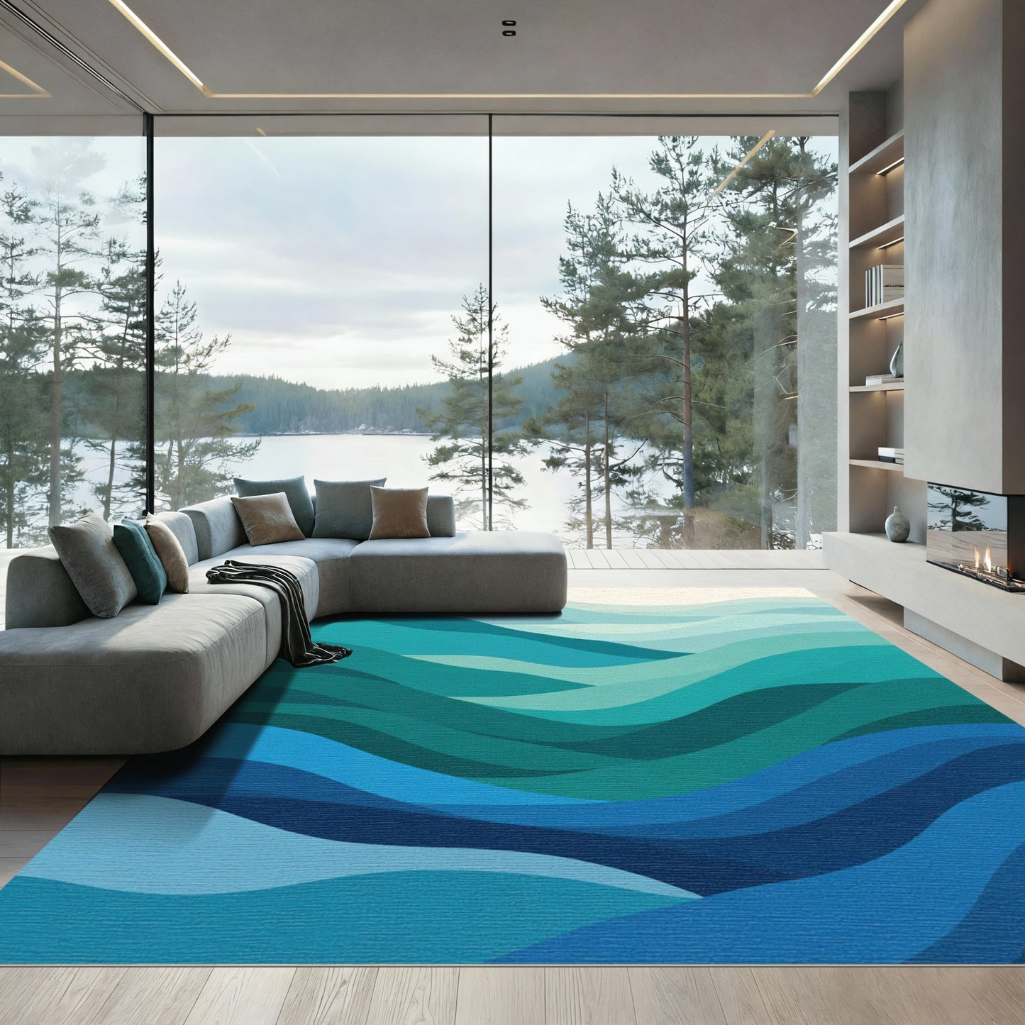Oceanic Teal Blue Wave Layers Rug