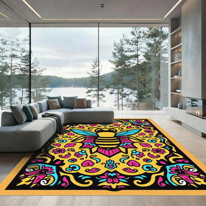 Vibrant Yellow Bee Floral Art Rug