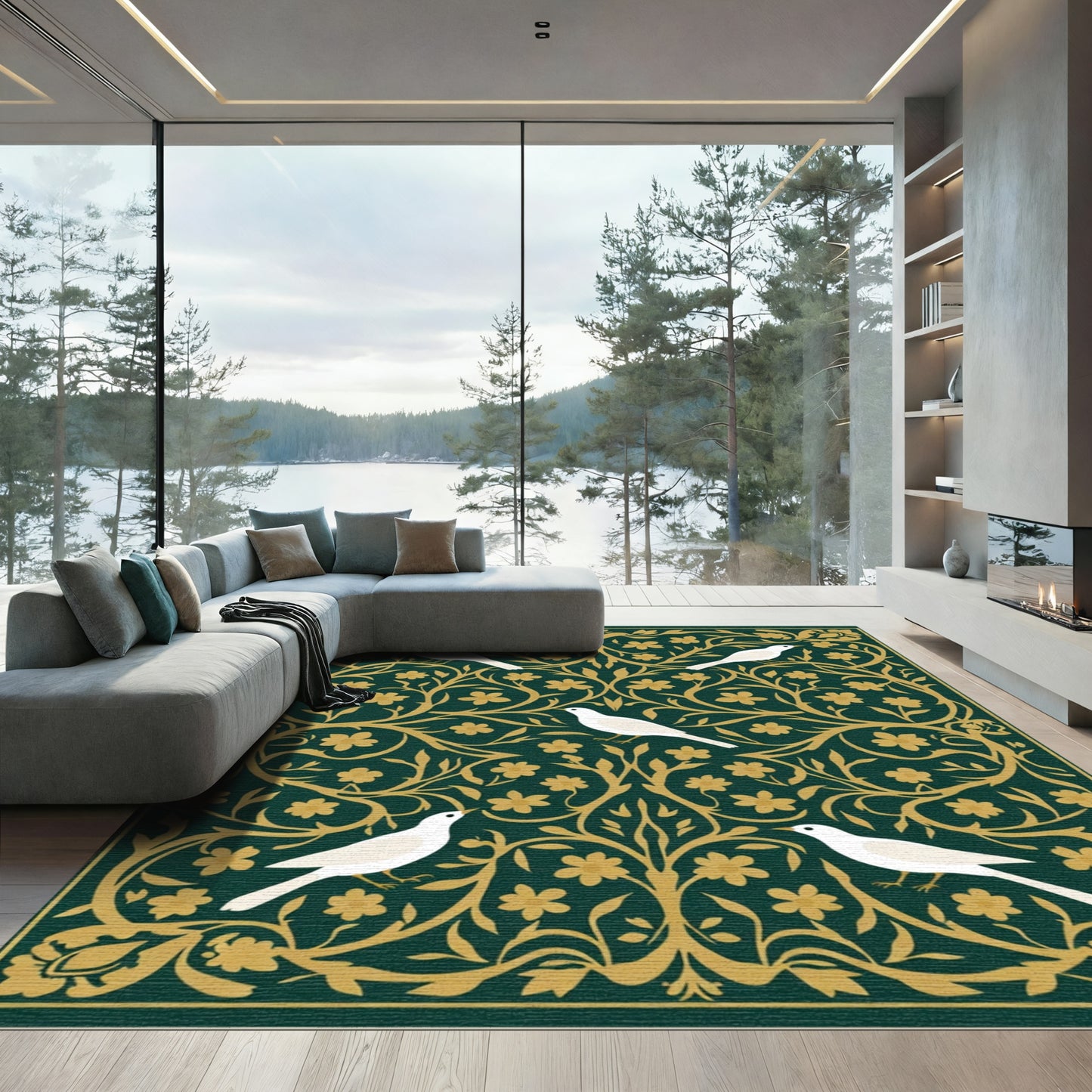 Emerald Green White Birds Floral Vine Rug