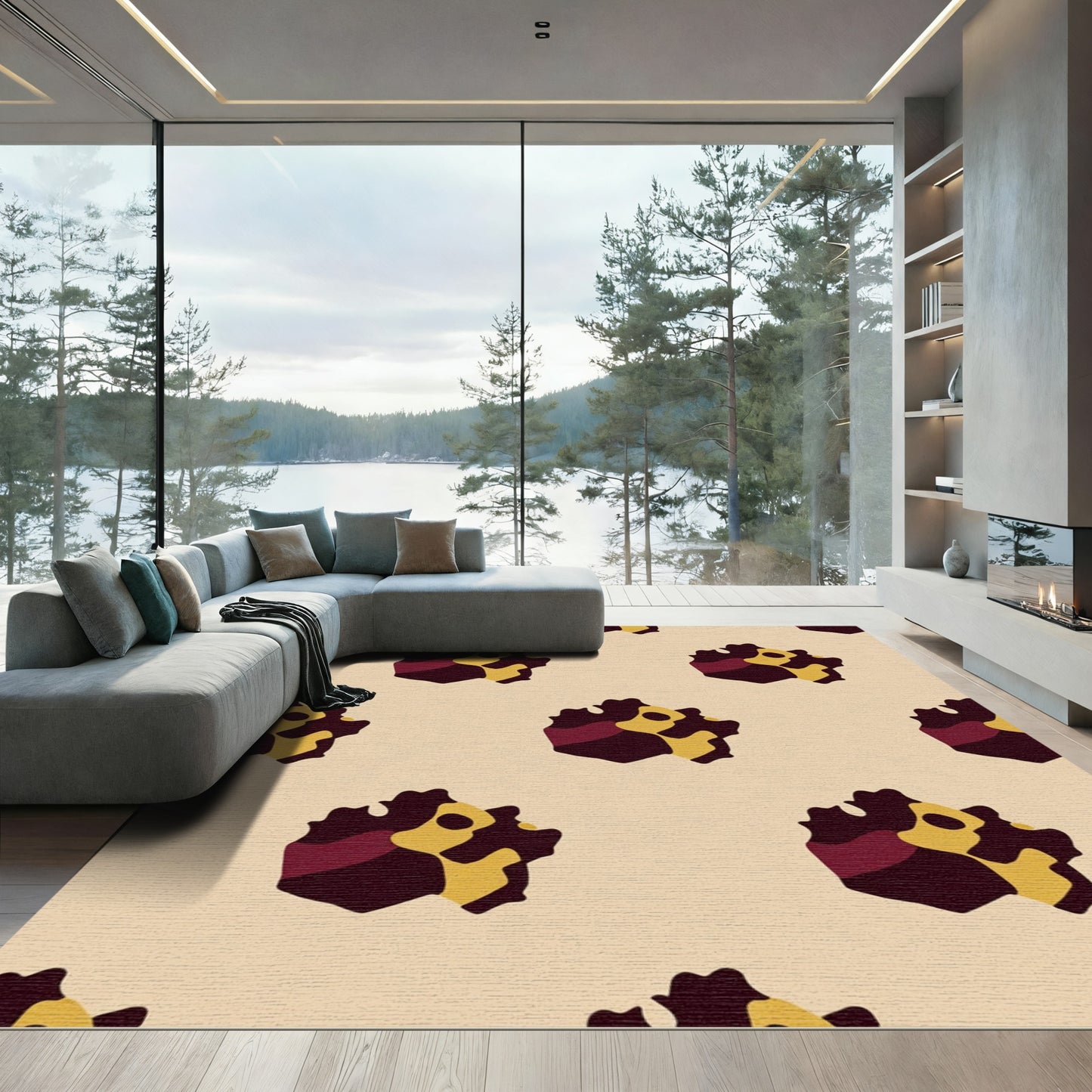 Abstract Burgundy Gold Kente Cloth Rug
