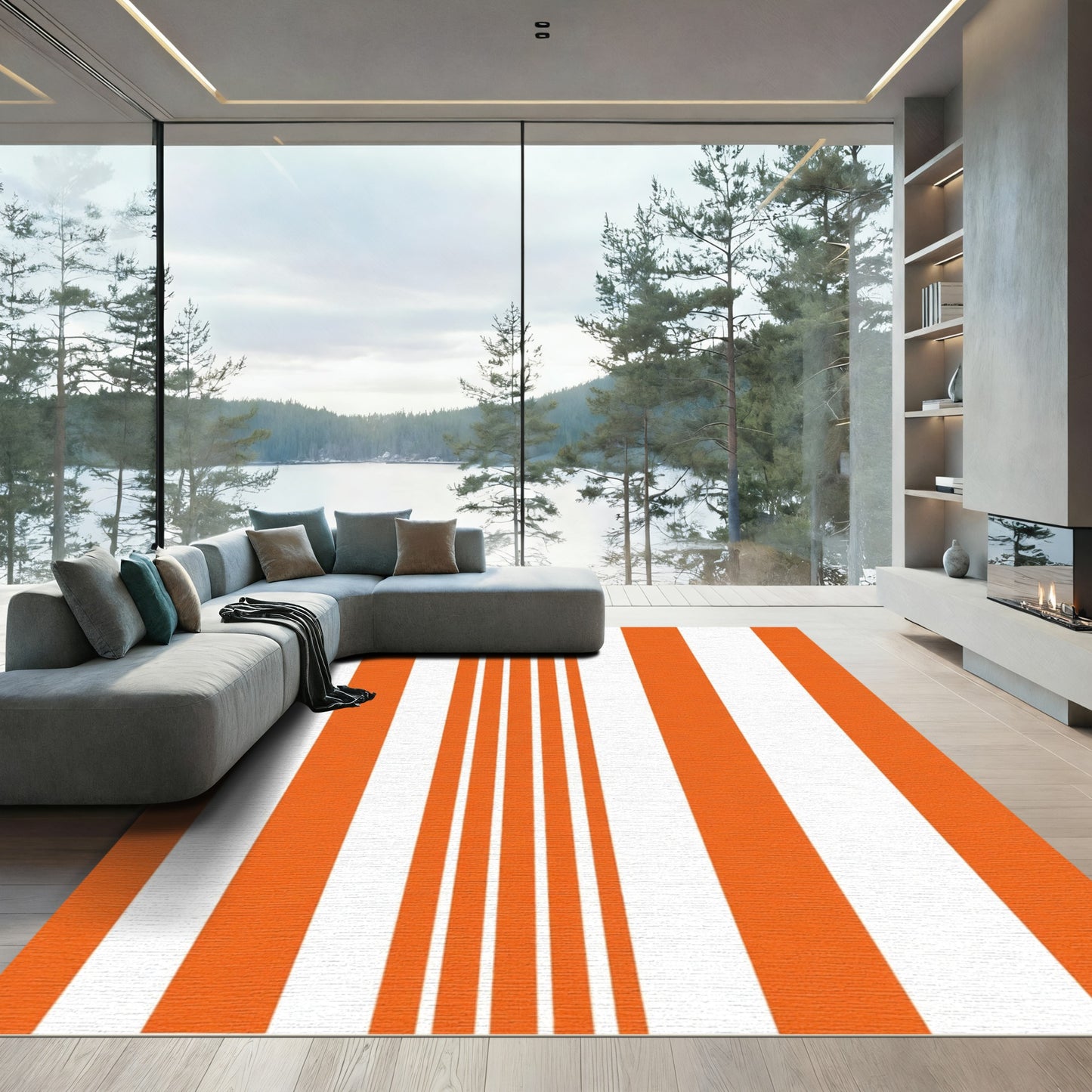 Vibrant Orange White Stripe Composition Rug