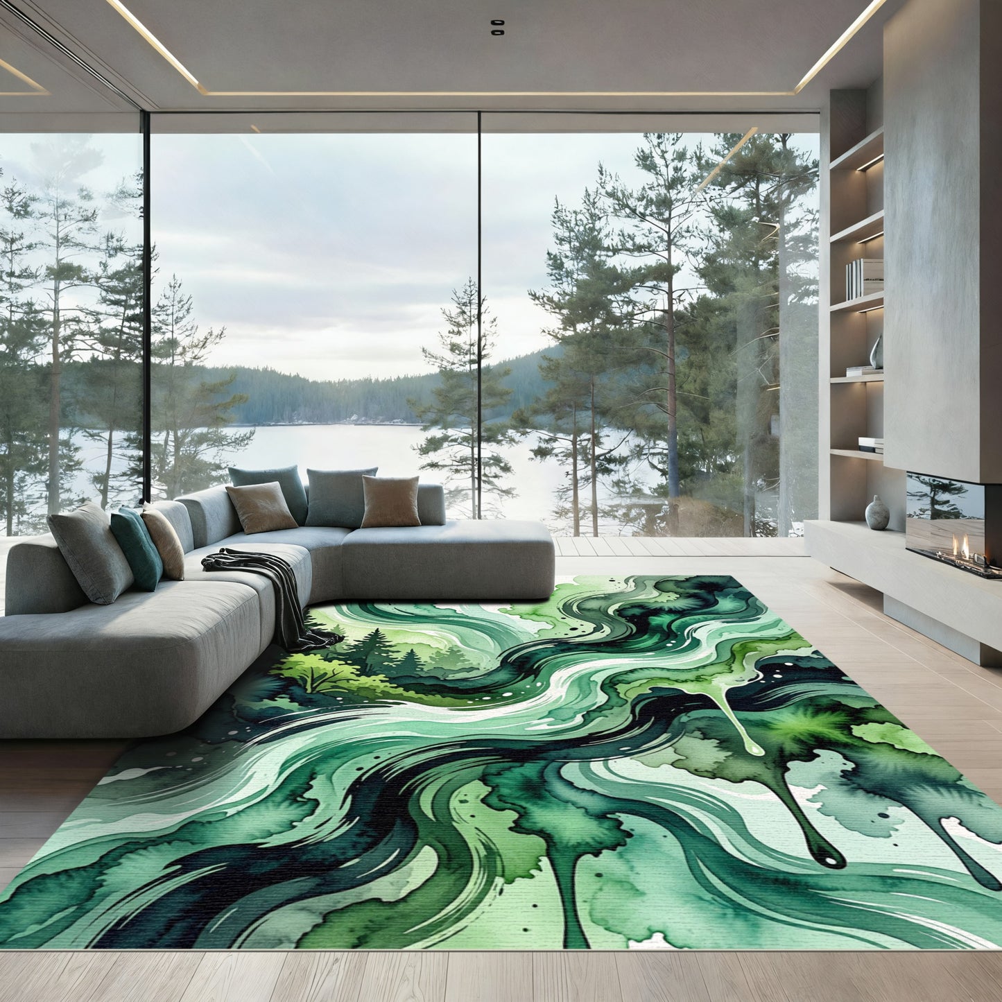 Emerald Green Watercolor Forest Swirls Rug