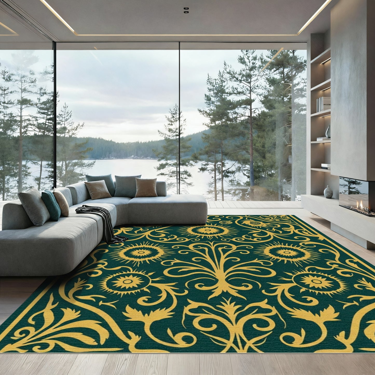 Deep Emerald Gold Sunburst Motif Rug