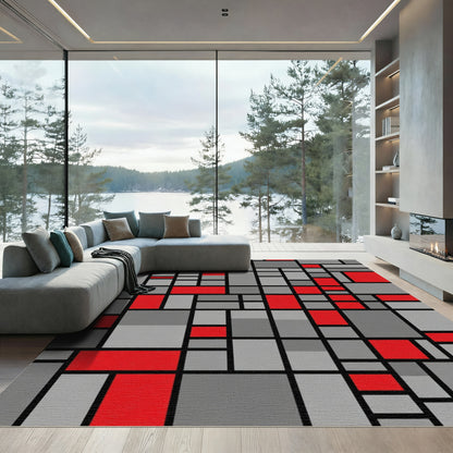 Red Gray Geometric Abstract Squares Rug
