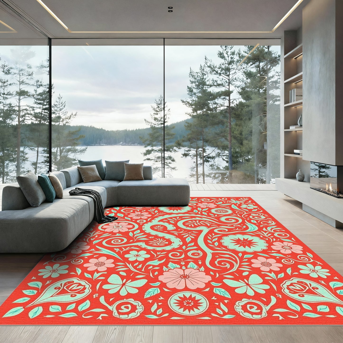 Red Floral Butterfly Peace Medallion Rug
