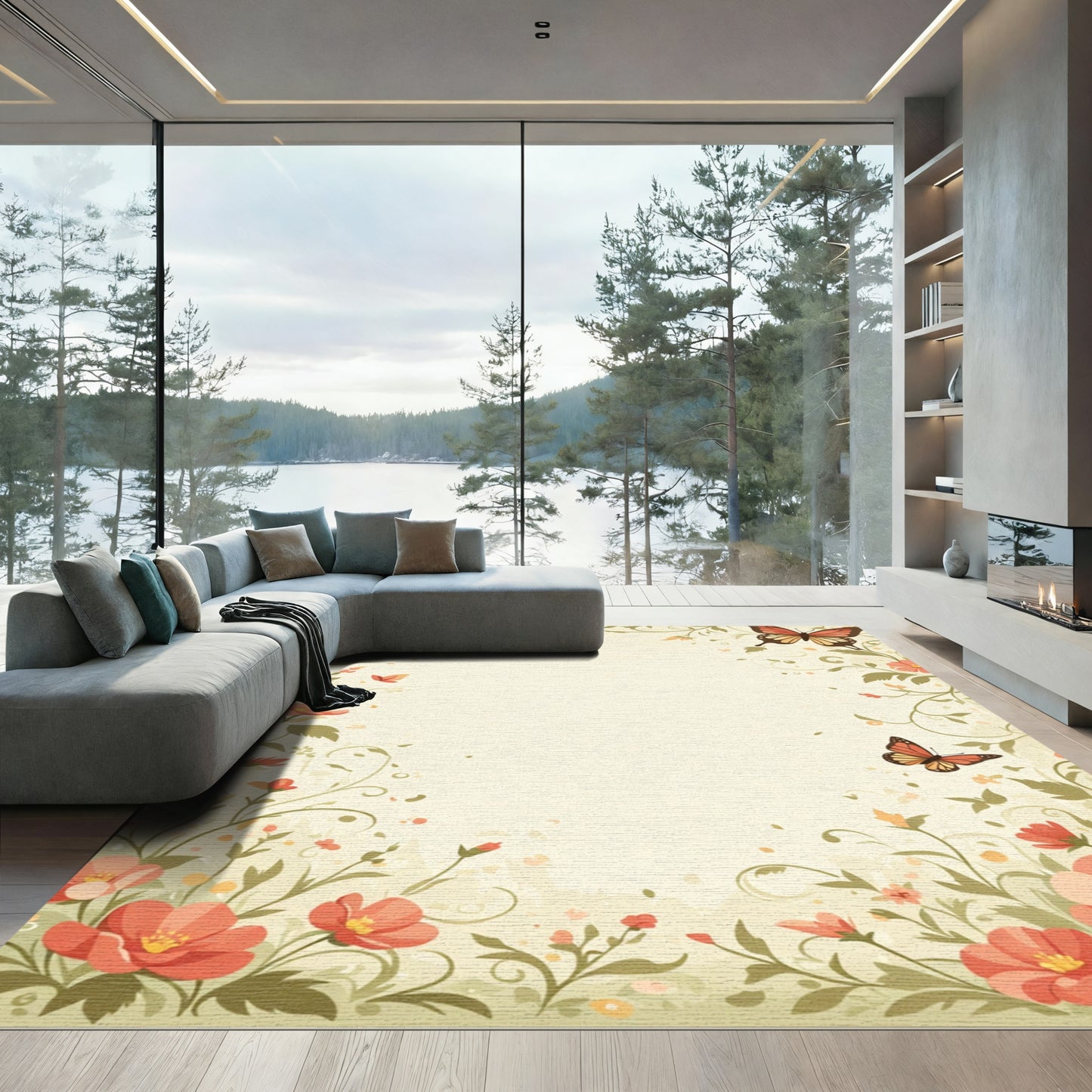 Coral Butterfly Garden Floral Rug