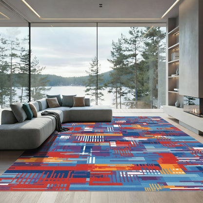 Red Blue Orange Geometric Linear Rug
