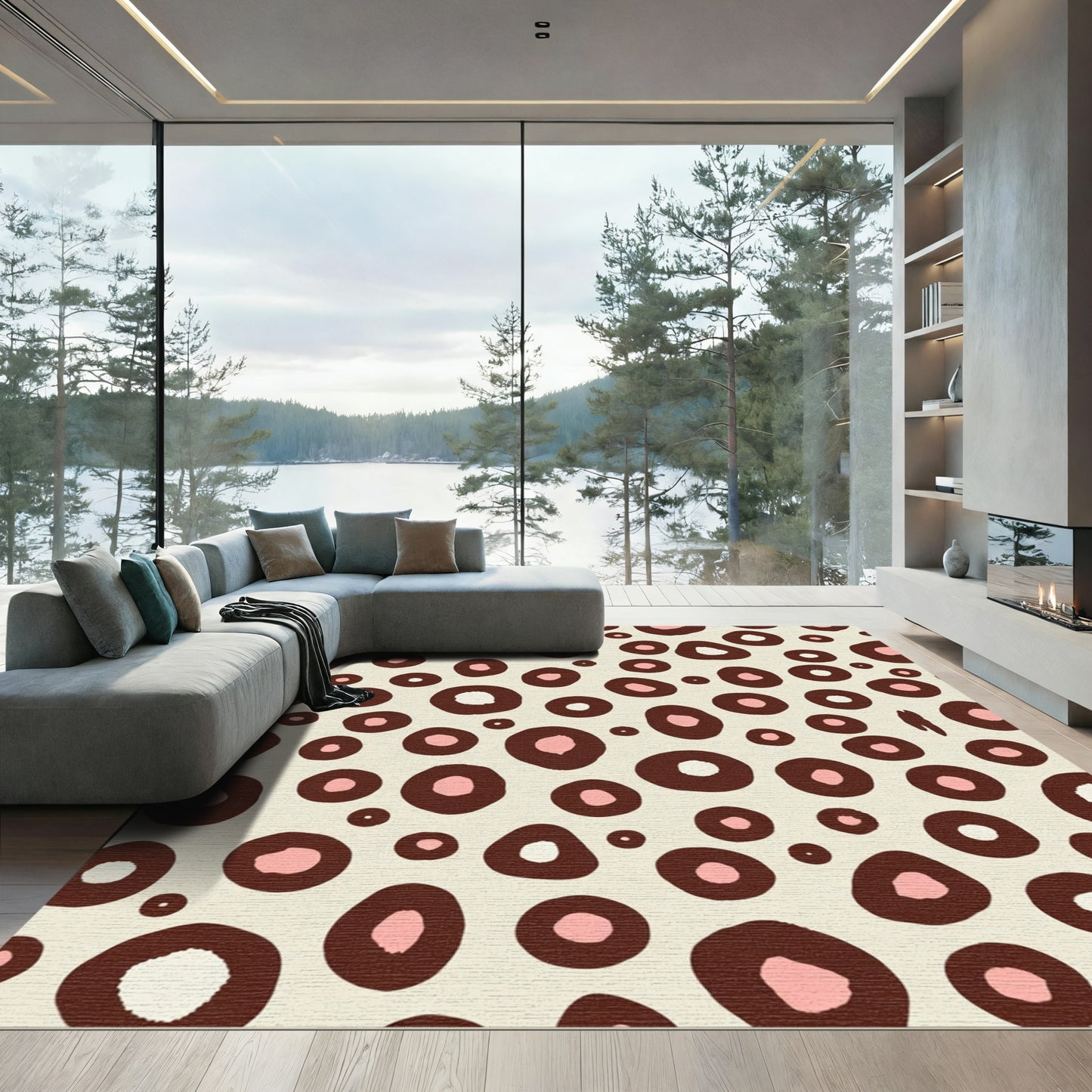 Brown Pink Polka Dot Organic Shape Rug