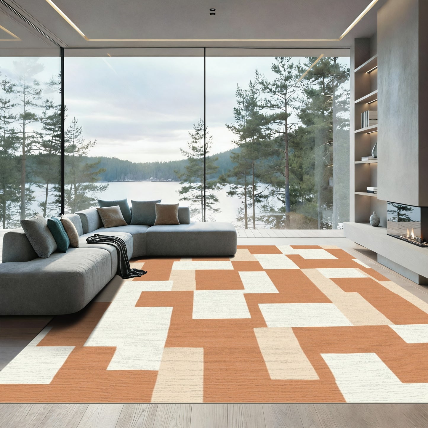 Terracotta Neutral Geometric Blocks Rug