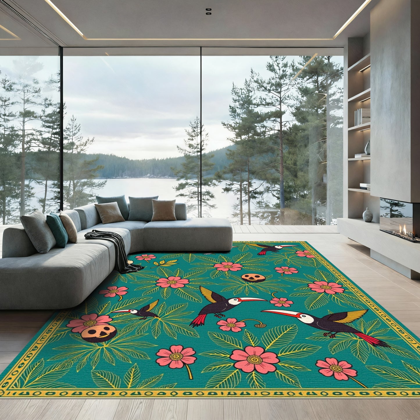 Emerald Green Toucan Floral Scene Rug