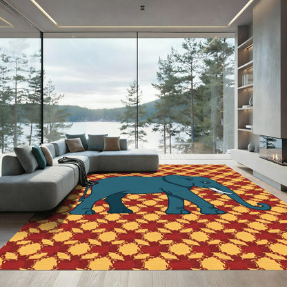 Teal Elephant Red Yellow Pattern Rug