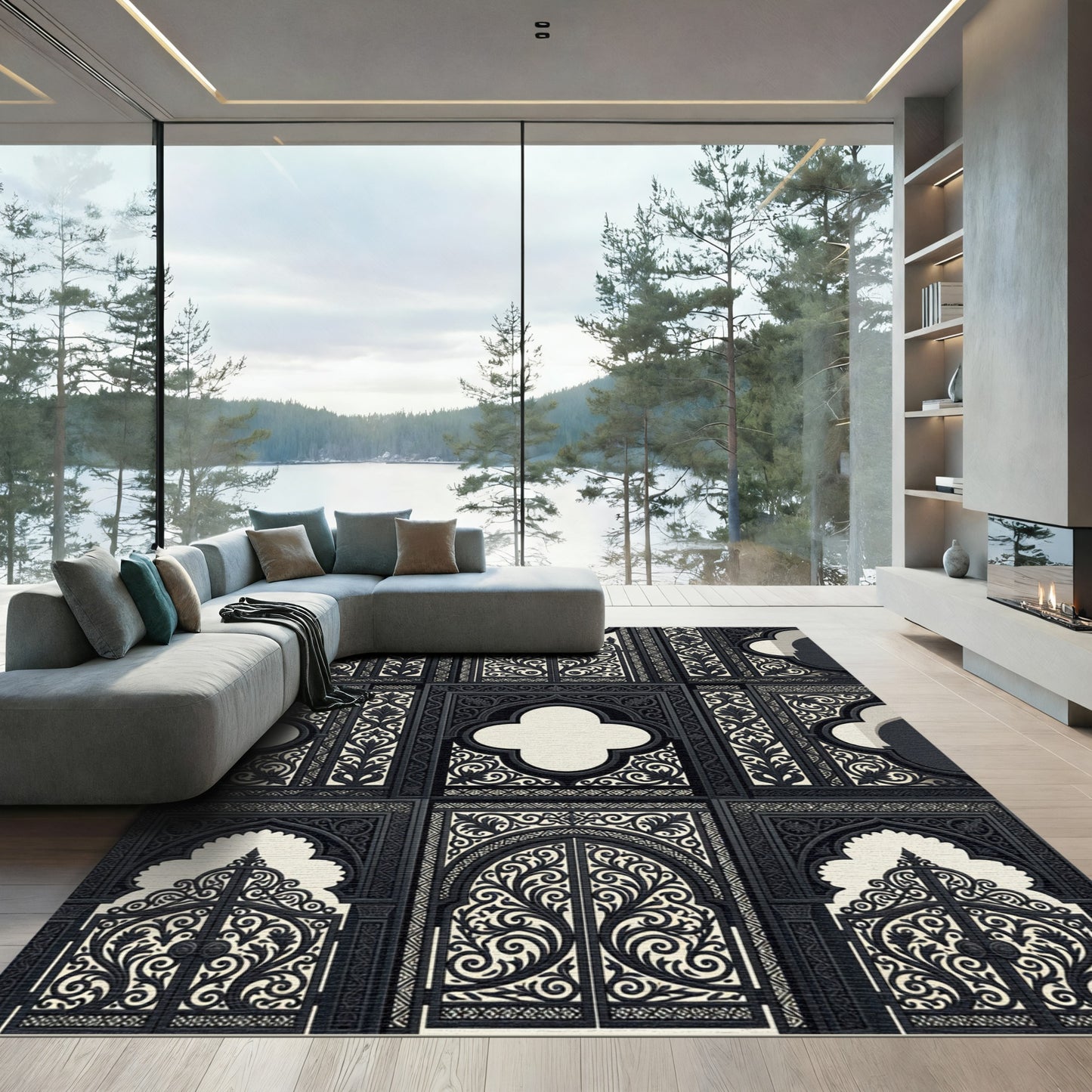 Ornate Black Arabesque Trellis Rug