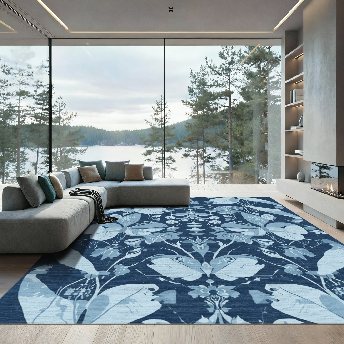 Deep Blue Botanical Butterfly Arrangement Rug