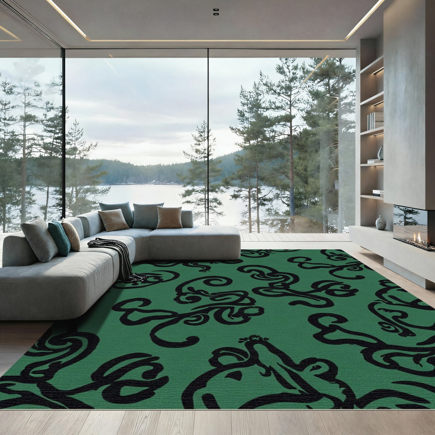 Emerald Green Black Swirl Flourish Rug