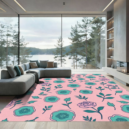 Pink Teal Floral Garden Bloom Rug