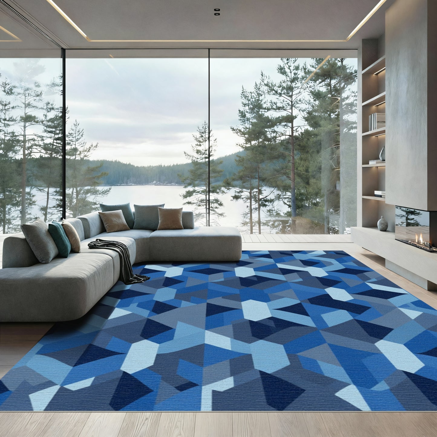 Deep Blue Geometric Illusion Rug