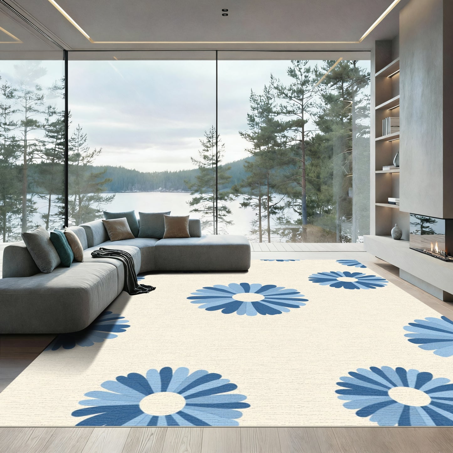 Retro Blue Daisy Floral Pattern Rug