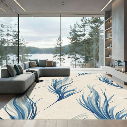 Elegant Blue Feather Swirls Rug