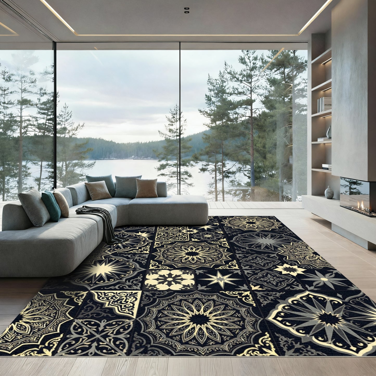 Black Yellow Medallion Tile Assortment Rug
