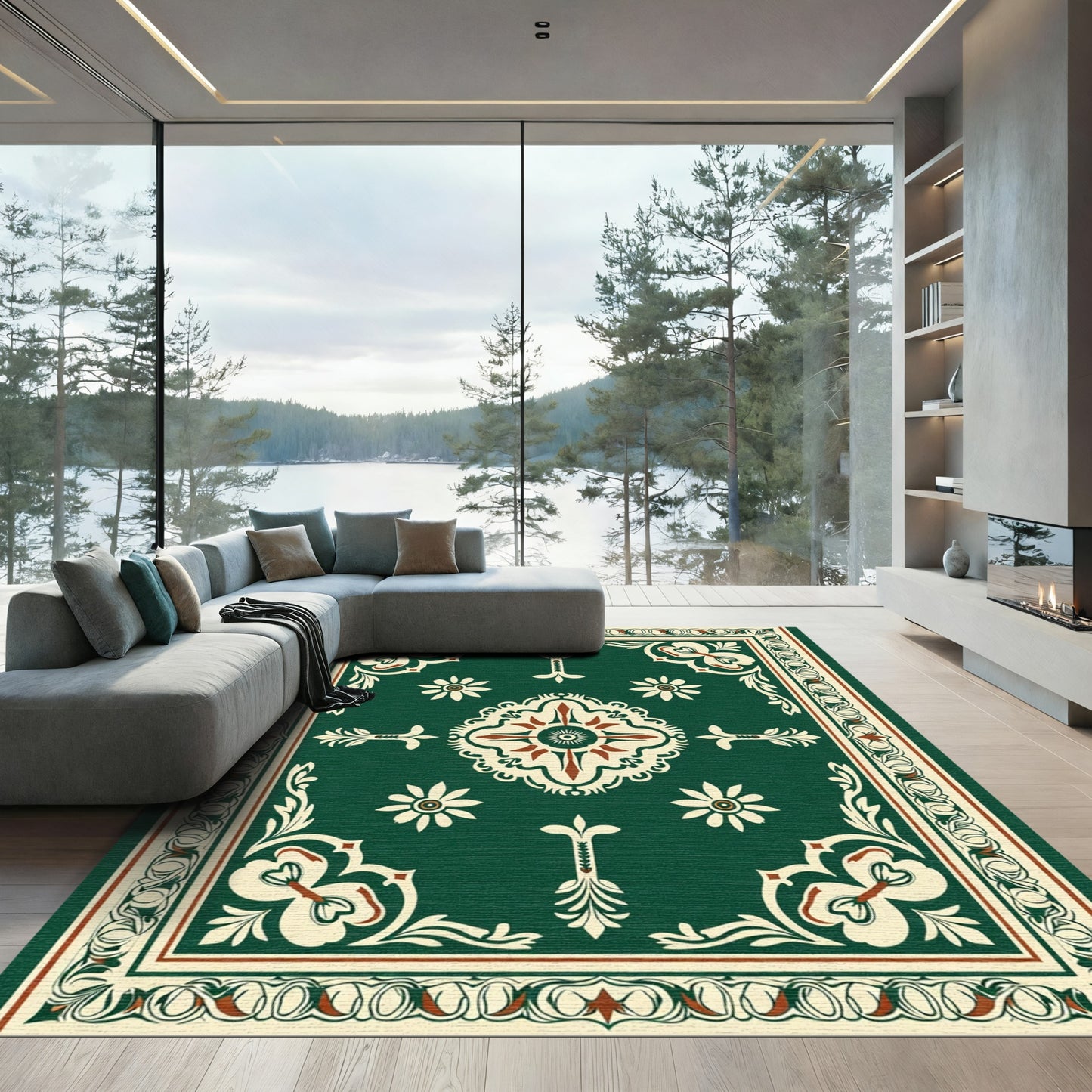 Rich Emerald Medallion Floral Border Rug