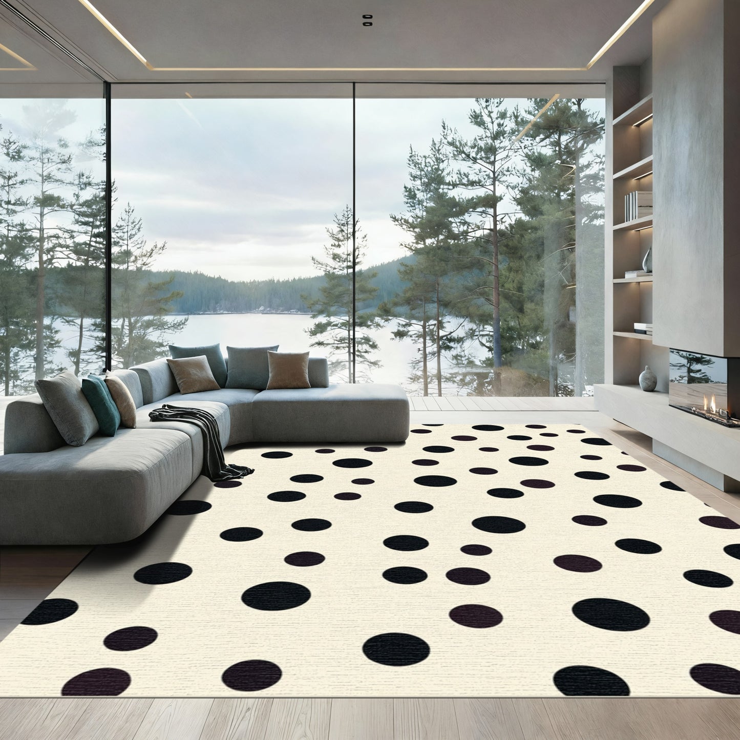 Cream Black Scattered Circles Rug