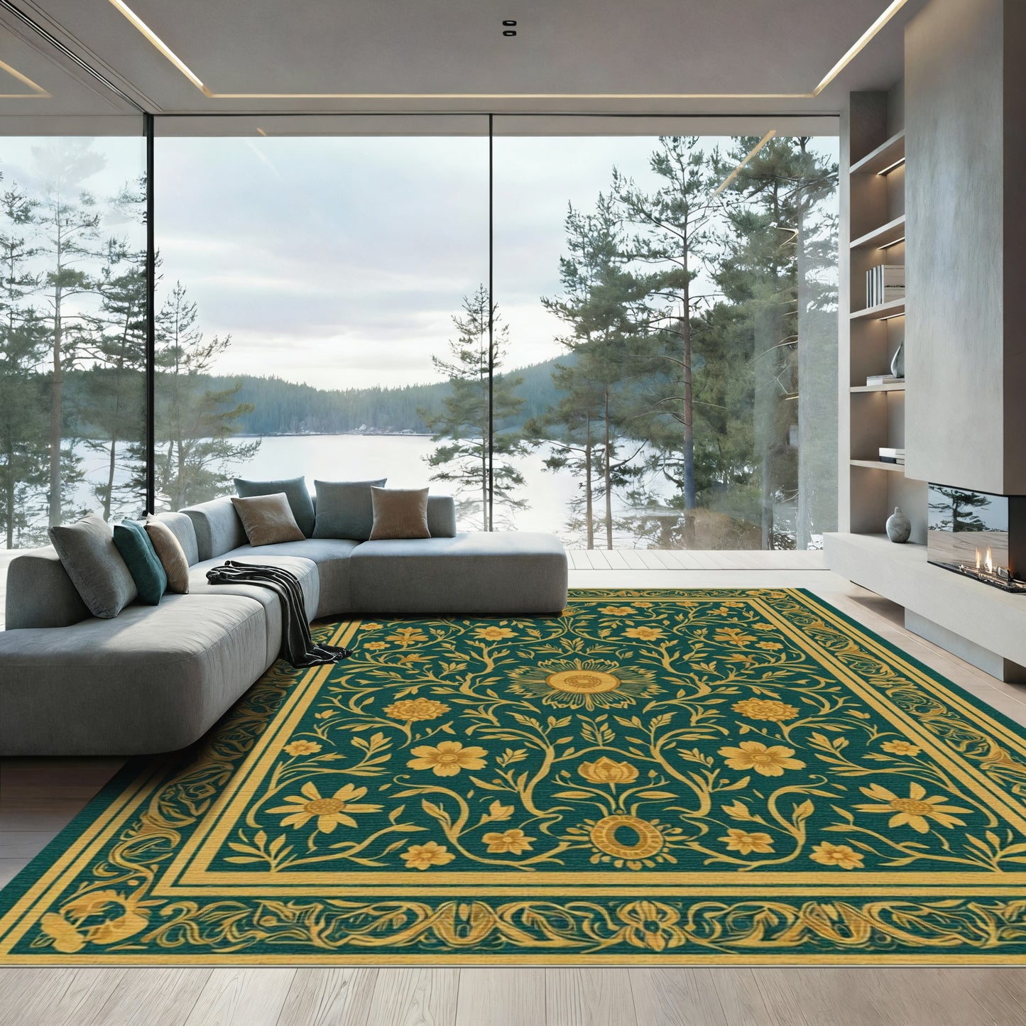 Teal Golden Floral Vine Medallion Rug