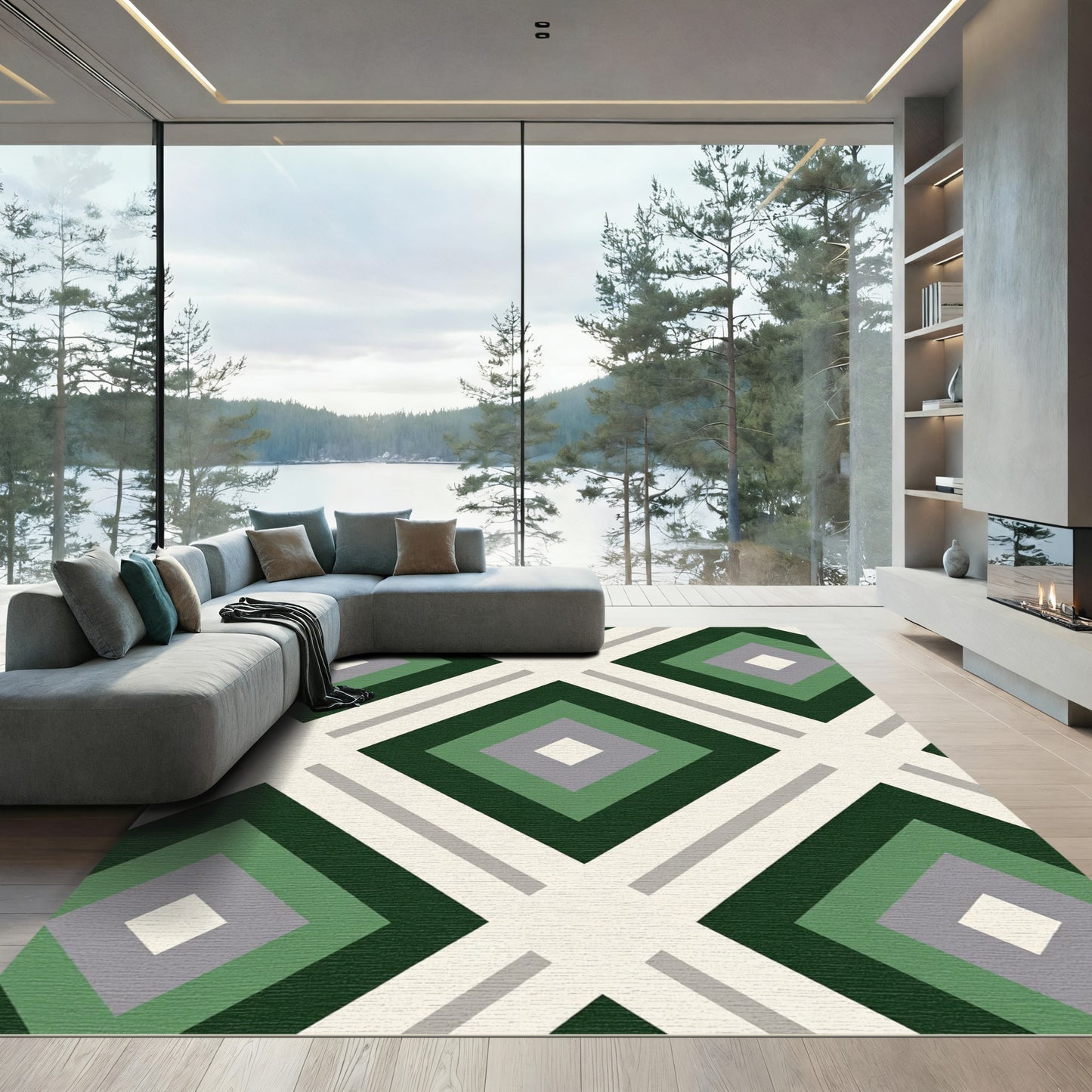 Deep Green Diamond Lattice Rug