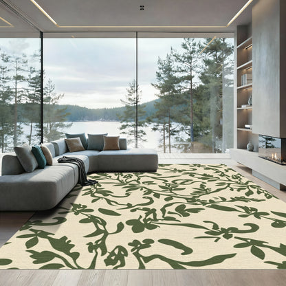 Olive Green Floral Vine Scroll Rug