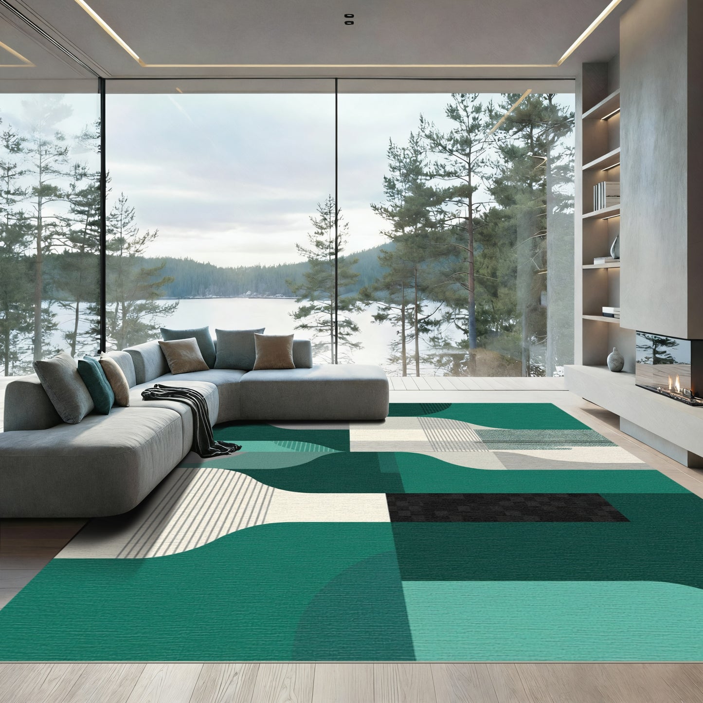 Emerald Green Abstract Geometric Wave Rug