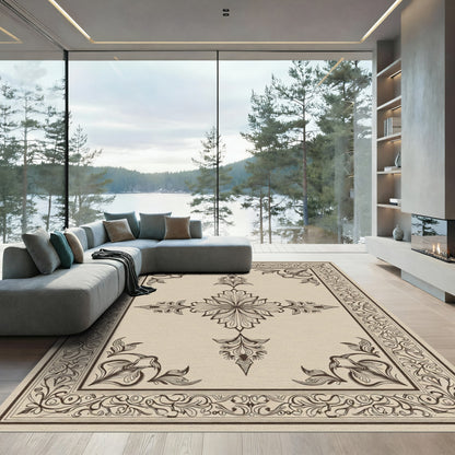 Ornate Beige Floral Medallion Border Rug