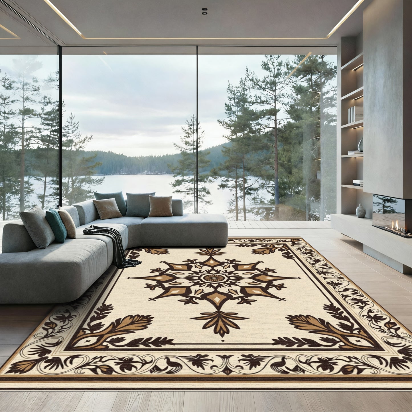 Traditional Cream Brown Medallion Border Rug