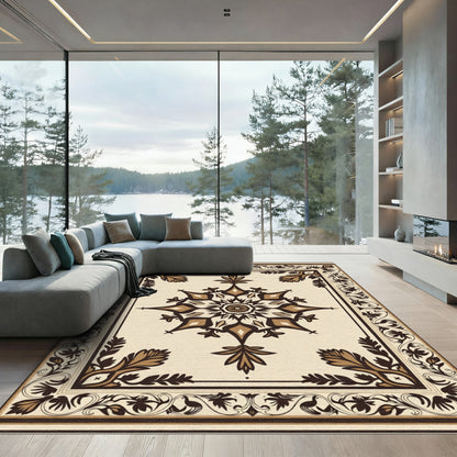 Traditional Cream Brown Medallion Border Rug