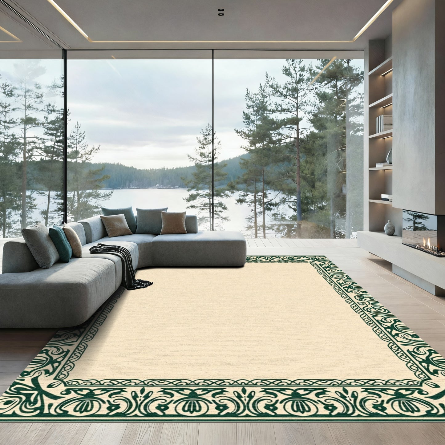 Deep Emerald Arabesque Border Accent Rug