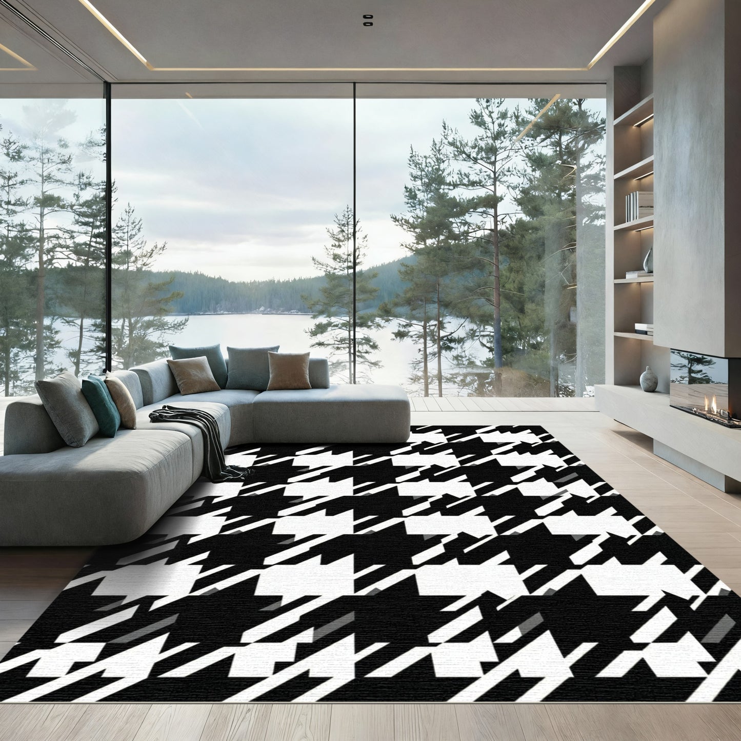 Black White Houndstooth Geometric Rug