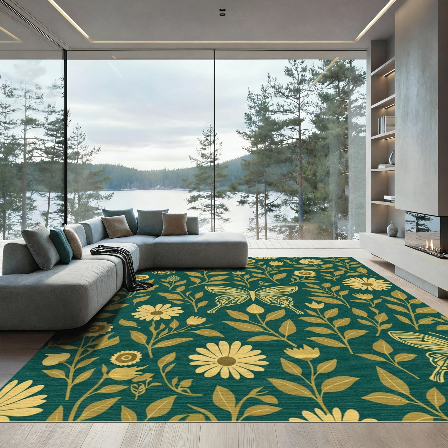 Golden Butterflies Teal Floral Garden Rug